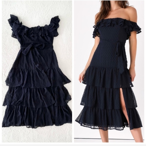 Lulus Dresses & Skirts - NWT Lulus Dear To My Heart Navy Blue Swiss Dot Tiered Ruffled Mini Dress - M